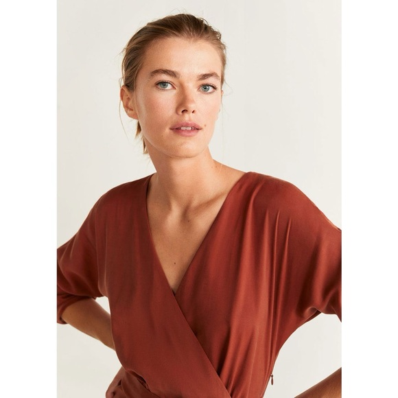 Mango Rust Wrap Midi Dress Long Sleeve Belted — Size S - Picture 2 of 14